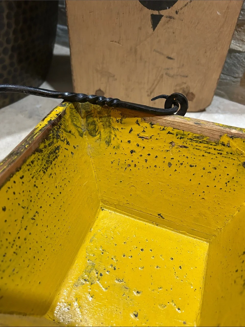 antique Chinese yellow lacquer rice measure bucket